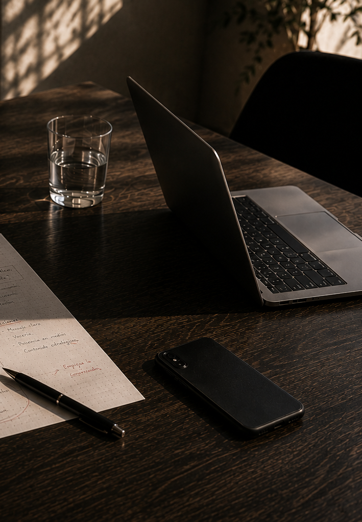 Mesa de trabajo estratégica con documentos, computadoras y notas