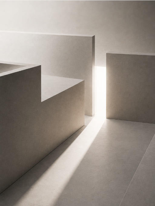 Apertura iluminada entre bloques arquitectónicos que representa una oportunidad empresarial revelada